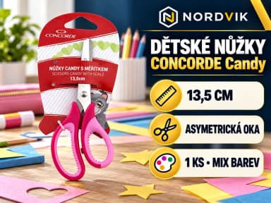 Dětské nůžky CONCORDE Candy, asymetrické, 13,5 cm, produktová infografika