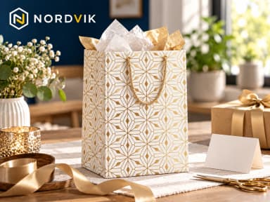 Dárková papírová taška M 18 × 23 × 10 cm, zlaté geometrické vzory, produktová fotografie v prostředí Nordvik