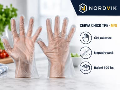CERVA CHICK TPE jednorázové rukavice čirá, vel. M/8, 100 ks, produktová infografika