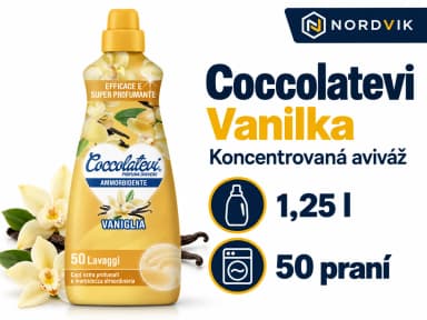 Coccolatevi koncentrovaná aviváž Vaniglia, vanilka, 1,25 l / 50 praní, produktová infografika