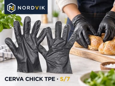 CERVA CHICK TPE jednorázové rukavice černá, vel. S/7, 100 ks, produktová fotografie v prostředí Nordvik