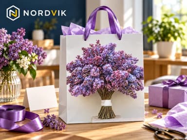 Dárková papírová taška L 26 × 32 × 12 cm, levandule, produktová fotografie v prostředí Nordvik