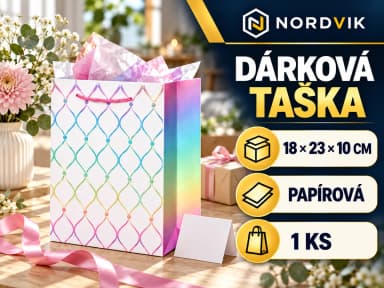 Dárková papírová taška M 18 × 23 × 10 cm, duhová, produktová infografika