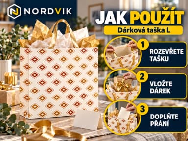 Dárková papírová taška L 26 × 32 × 12 cm, zlaté geometrické vzory, návod k použitia