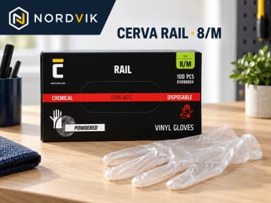CERVA RAIL pudrované vinylové rukavice 8/M, 100 ks, produktová fotografie v prostředí Nordvik