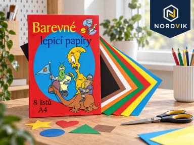 Barevný papír ve složce lepící, produktová fotografie v prostředí Nordvik