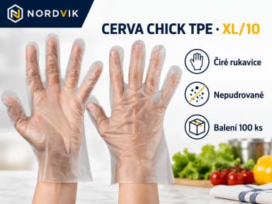 CERVA CHICK TPE jednorazové rukavice čirá, vel. XL/10, 100 ks, produktová infografika