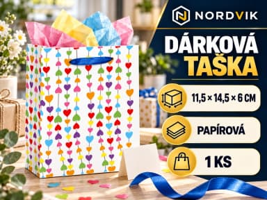 Dárková papírová taška S 11,5 × 14,5 × 6 cm, barevná srdíčka, produktová infografika