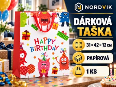 Dárková papírová taška XL 31 × 42 × 12 cm, narozeninové motivy, produktová infografika