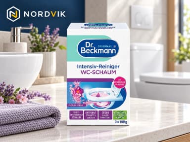 Dr. Beckmann intenzivní čisticí pěna na WC Floral Fresh, 3 × 100 g, produktová fotografie v prostředí Nordvik