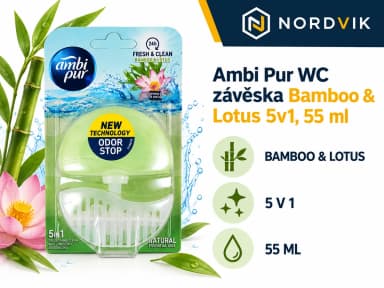 Ambi Pur WC záveska Bamboo & Lotus 5v1, 55 ml, produktová infografika
