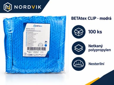 BETAtex CLIP jednorázová čepice, modrá, 100 ks, produktová infografika
