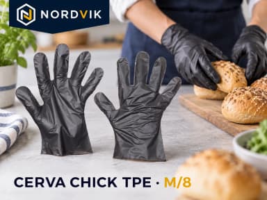 CERVA CHICK TPE jednorázové rukavice černá, vel. M/8, 100 ks, produktová fotografie v prostředí Nordvik