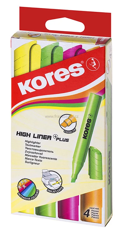 Zvýrazňovač KORES High Liner Plus, sada 4 ks